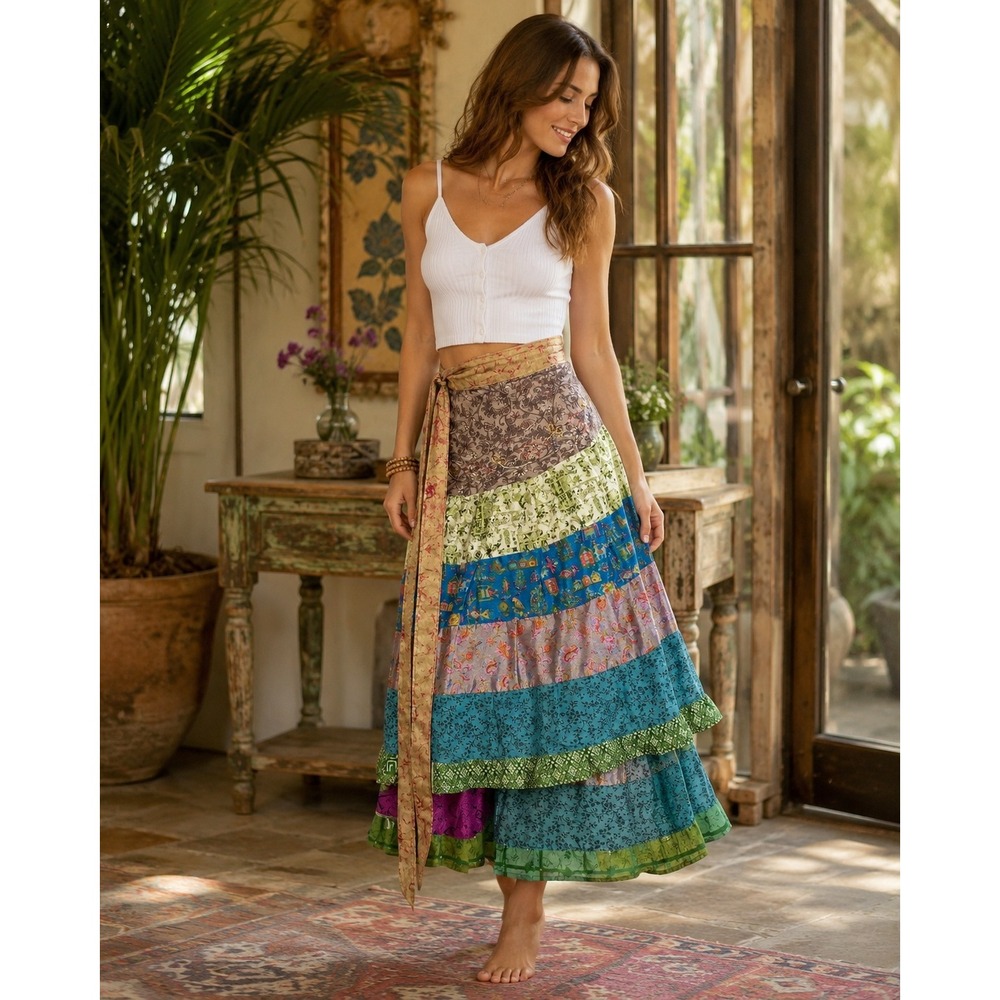 Mixed Media 100% Silk Tiered Wrap Maxi Skirt Multicolor Patchwork Made in Nepal